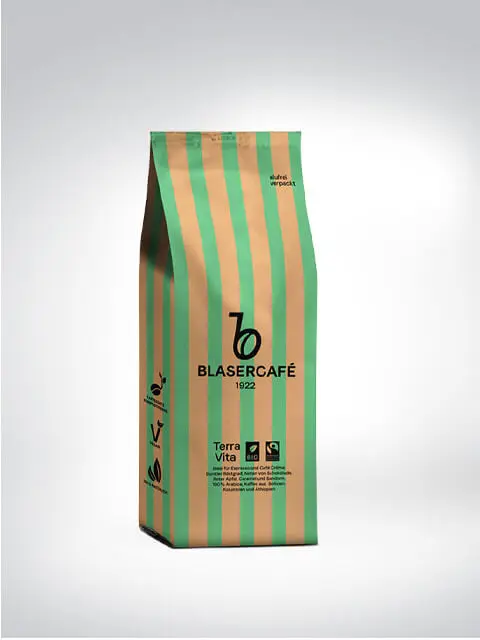 Blasercafé Terra Vita Fairtrade-Kaffeepackung in Braun und Grün gestreiftem Design